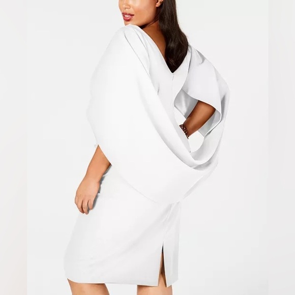 Betsy & Adam Plus Size Ruched Cape Dress in White - Picture 2 of 7